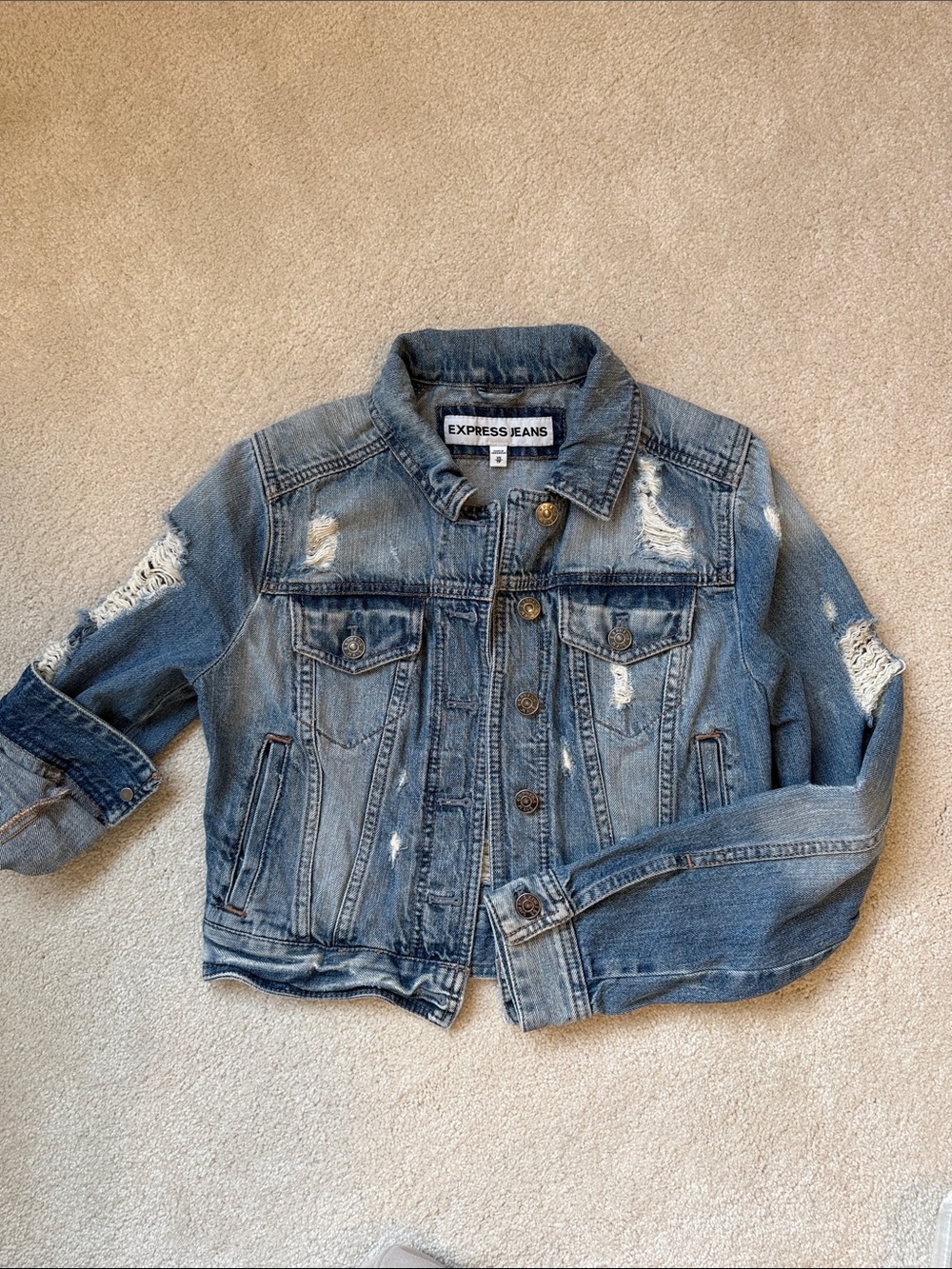Express Distressed Light Blue Cropped Denim Jacket